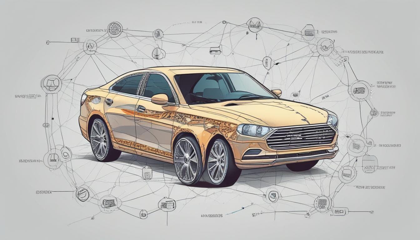 Image: A graphic showing a car with data points connected to a blockchain network
