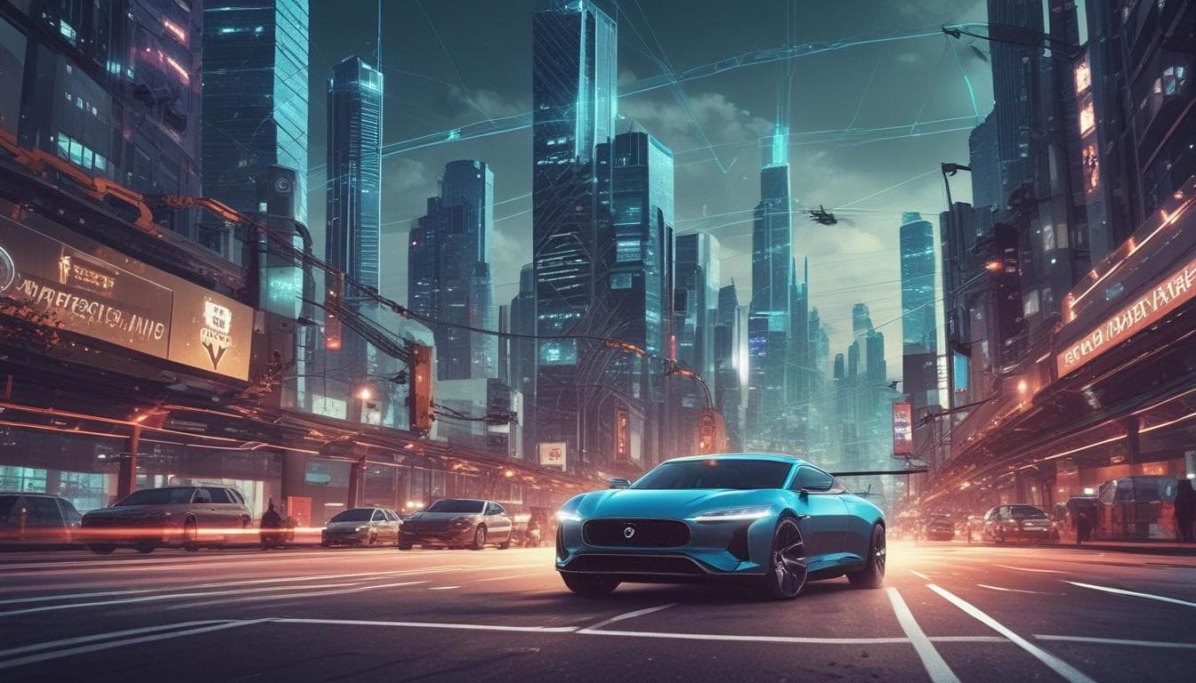 Image: A futuristic cityscape with autonomous vehicles and blockchain network overlay