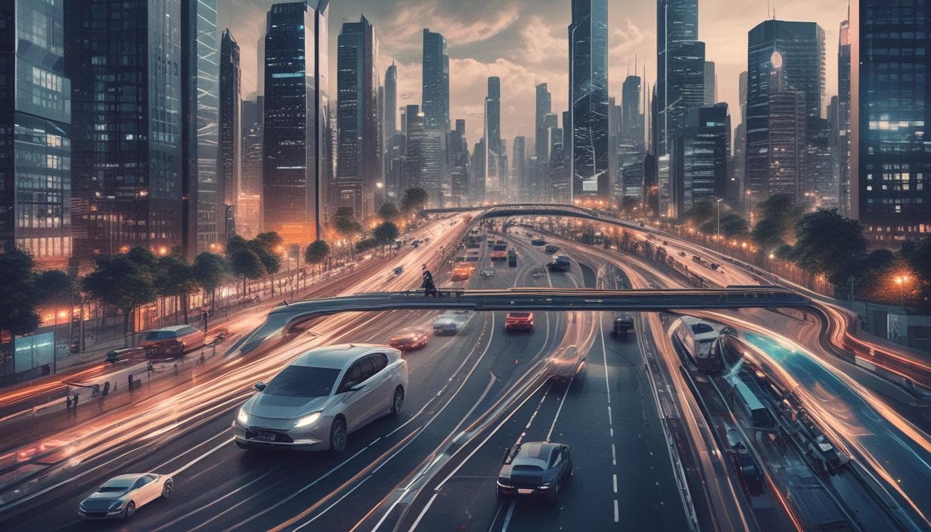 Alt text: Futuristic cityscape with integrated transportation network showcasing MaaS and automotive subscriptions